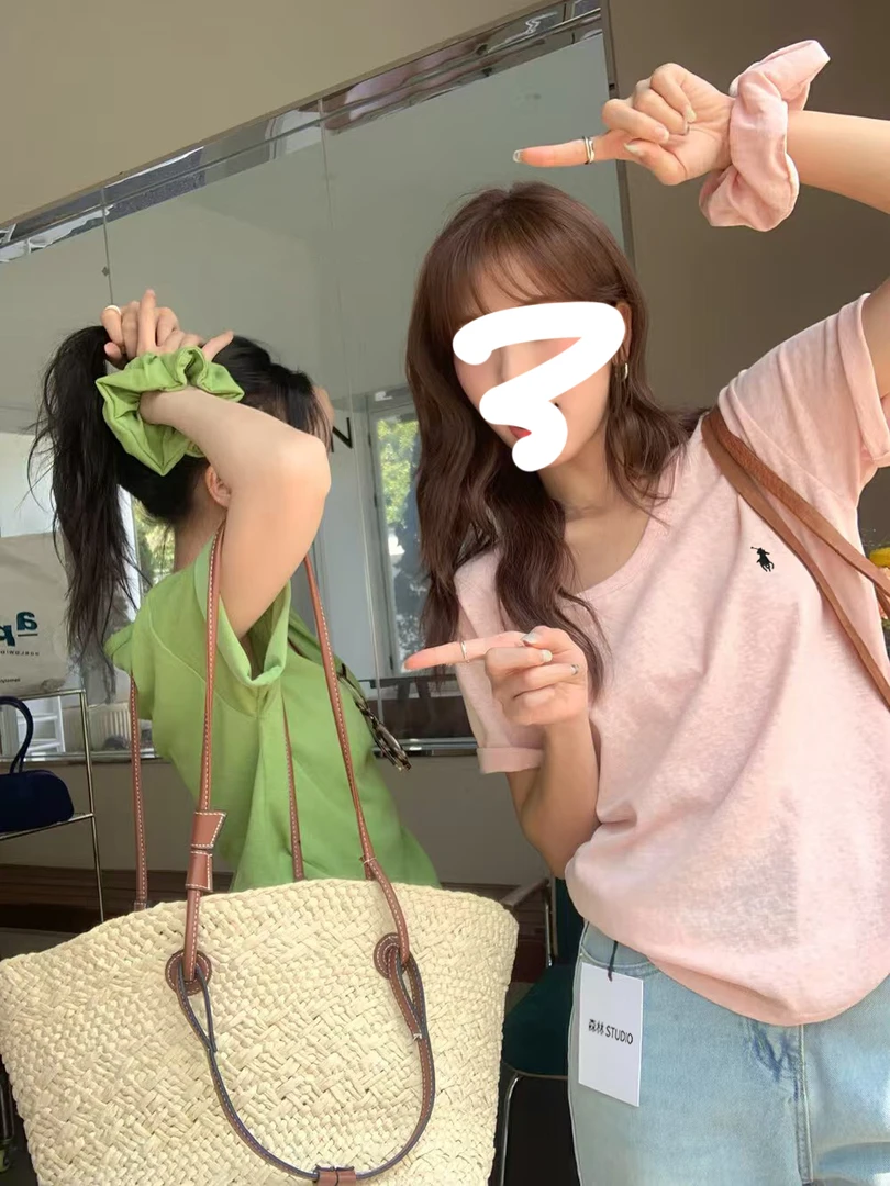 小马雪花棉t恤女夏季25年新款薄款纯色显瘦U领百搭半袖上衣D9#