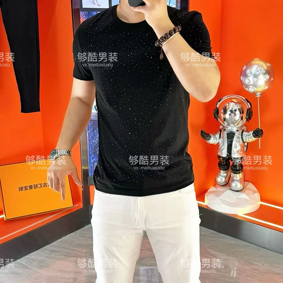 夏季薄款满天星男士短袖烫钻圆领轻奢时尚百搭潮流-23091