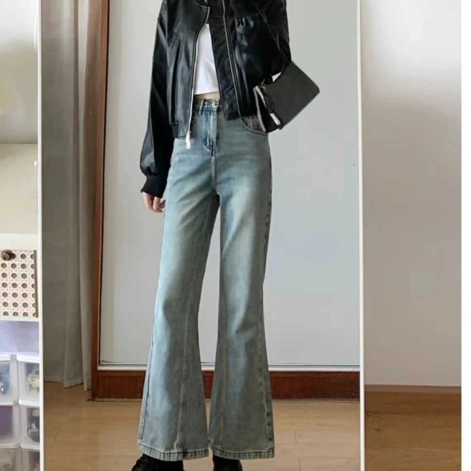 浅色高腰直筒牛仔裤女显瘦弹力小个子九分烟管裤