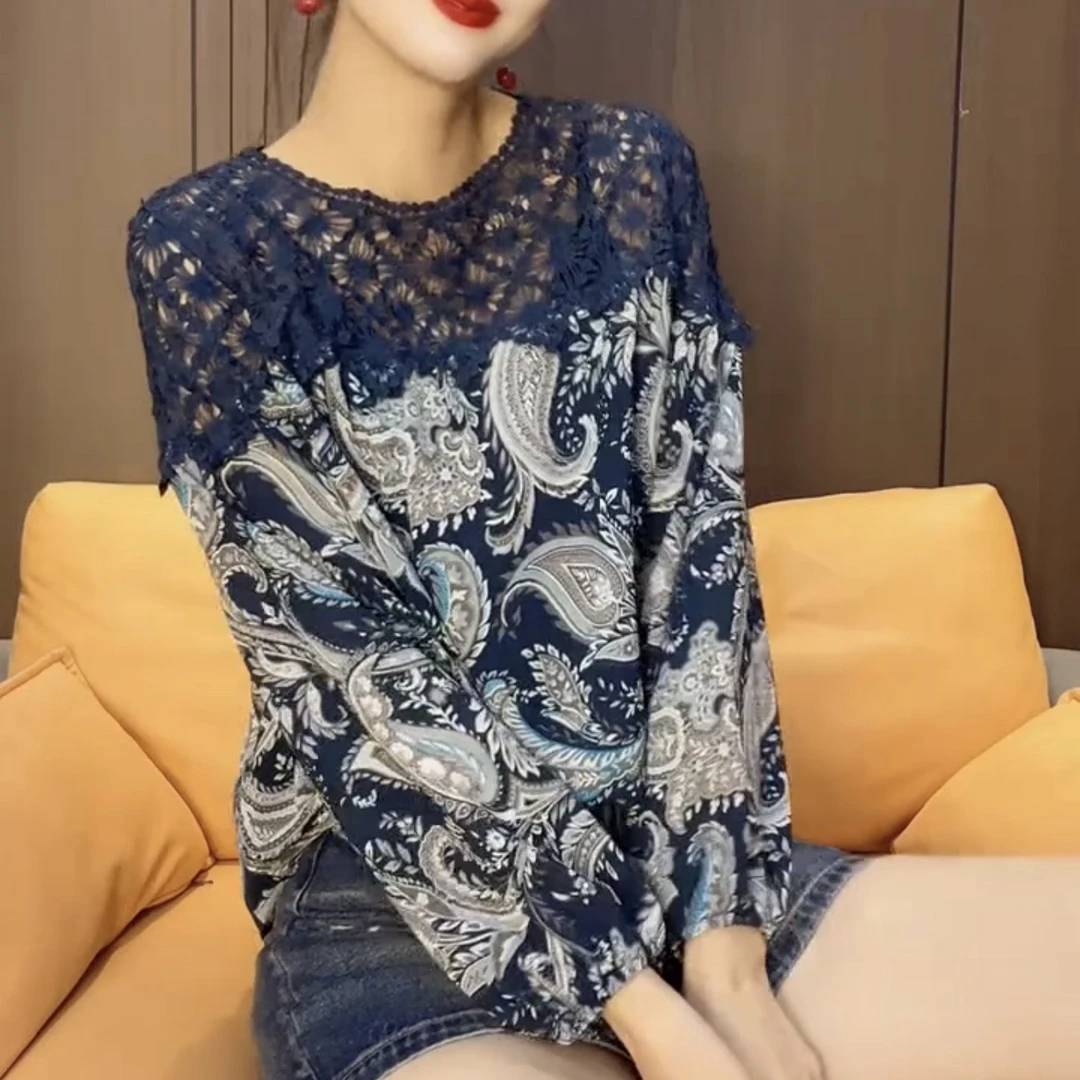 纤圆领镂空碎花设计感长袖雪纺宽松显瘦早秋碎花上衣