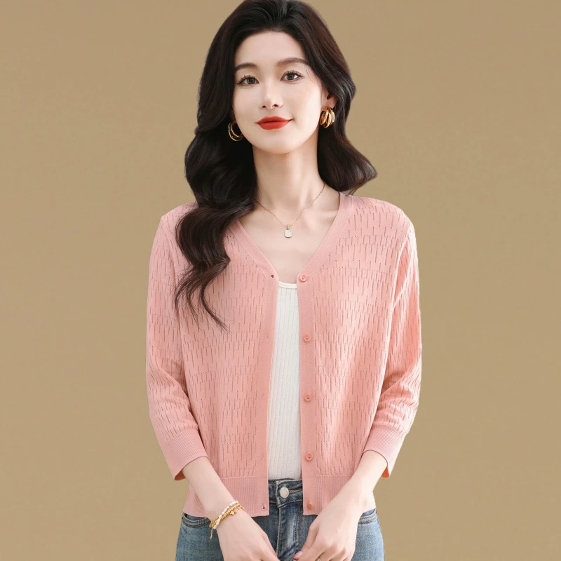 2025新款夏季薄款冰丝针织衫开衫外套女短款小个子镂空防晒衣外搭