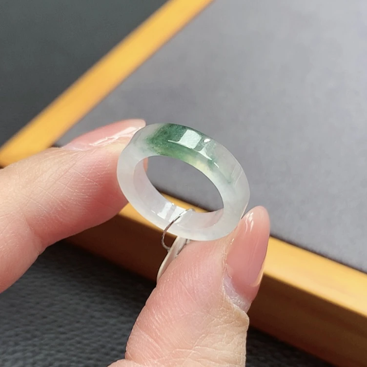5-6号圈口缅甸天然A货翡翠冰飘花方形戒指