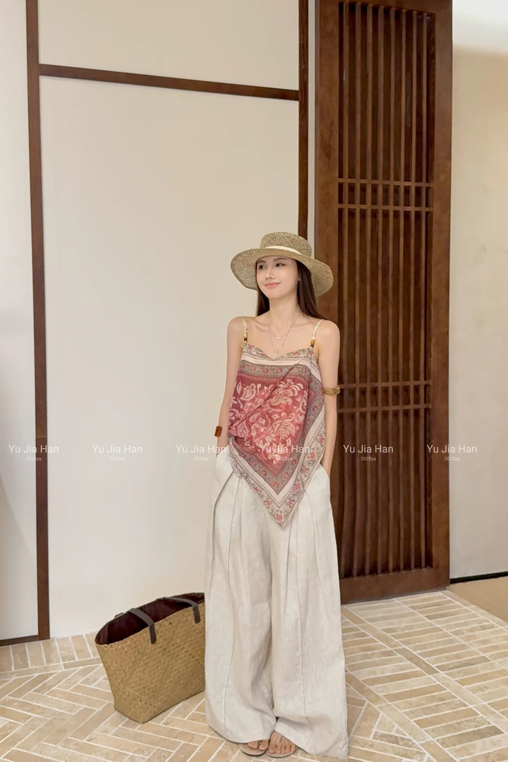 波西米亚复古设计感珠串印花小众美感度假吊带背心6887