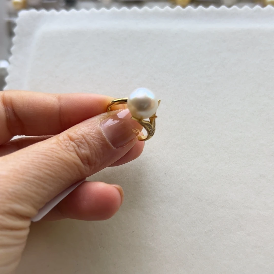 银S925镶嵌戒指海水珍珠10.2mm干枯澳白霸王花戒指