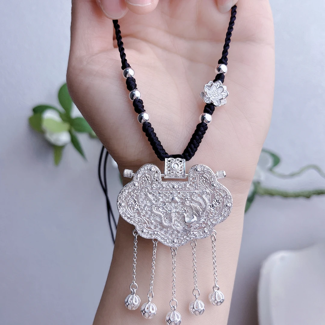 吊坠足银 足银999银饰天子门生银锁绣球流苏成人毛衣链银饰品