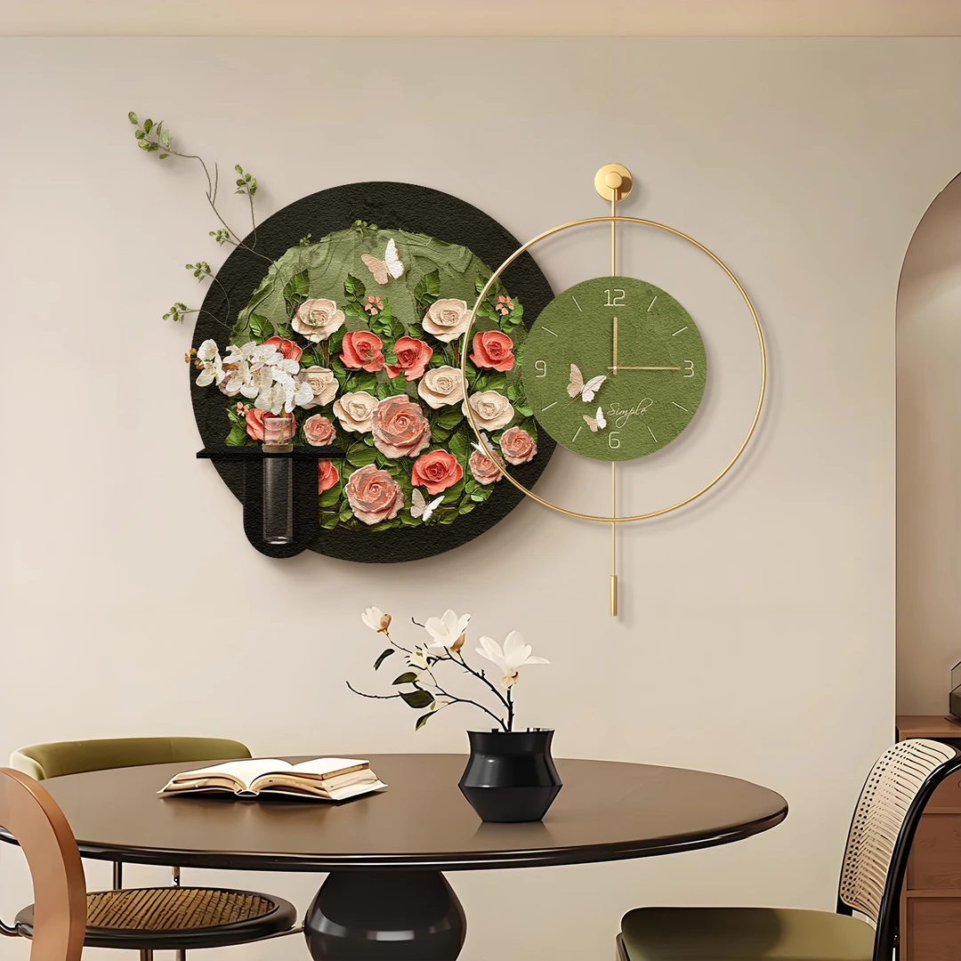 客厅时钟挂画法式玫瑰餐厅装饰画2025新款带钟表餐桌墙面装饰壁画