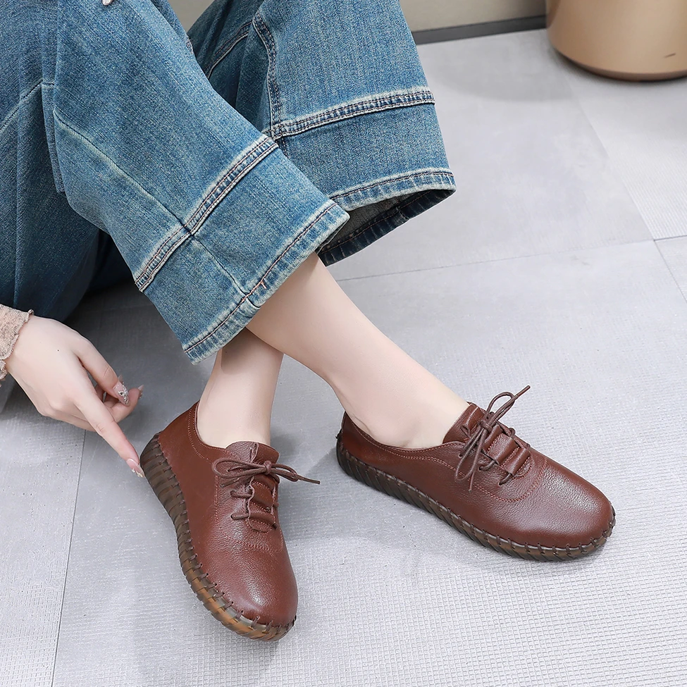 真皮女鞋休闲平底皮鞋单鞋百搭中年软底防滑脚蹬牛筋懒人妈妈鞋子