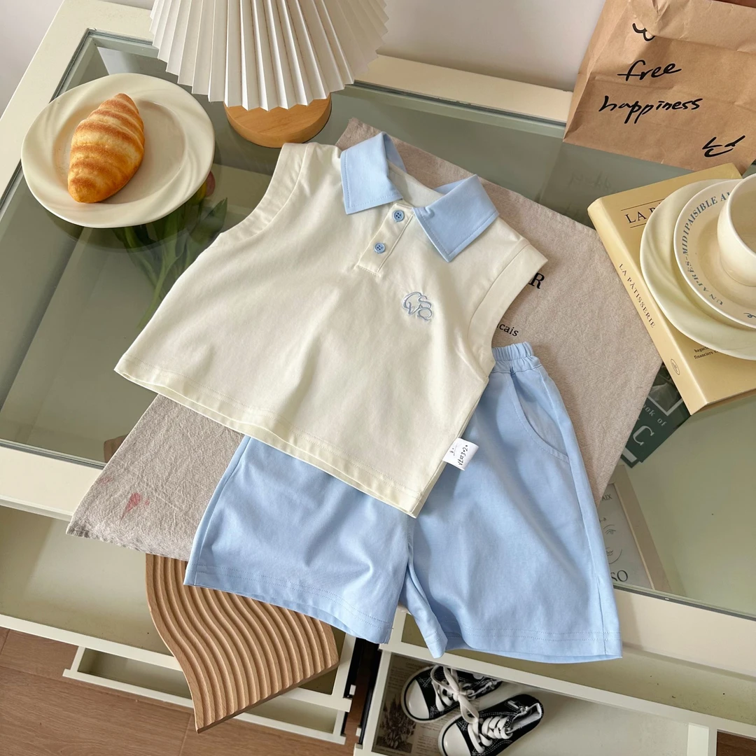 【海盐芝士】XT253020-1橘止皮2025夏男童无袖POLO衫短裤两件套套装