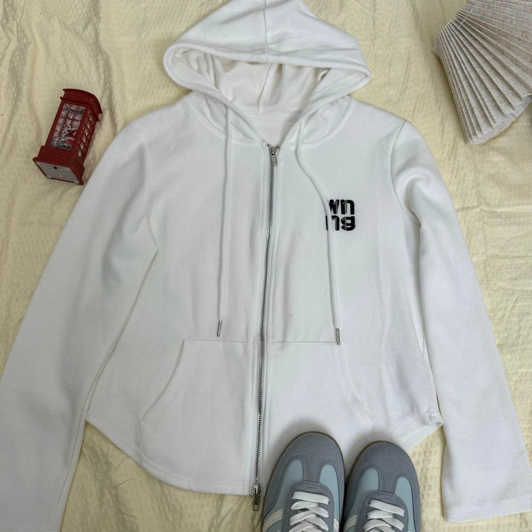 368春季新款连帽抽绳字母带口袋纯色长袖上衣T恤