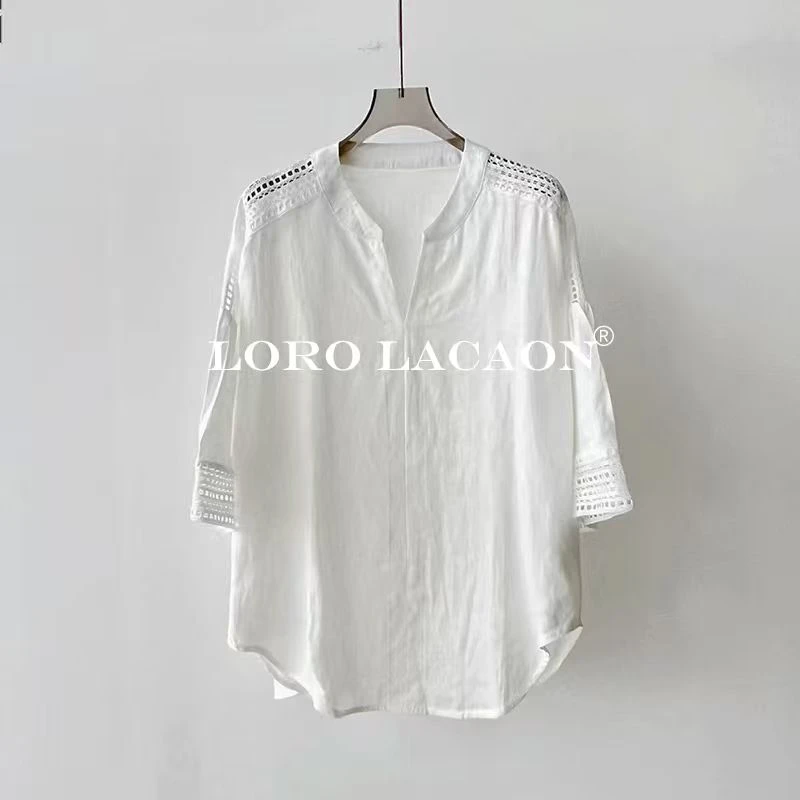 以赛亚 亚麻晴空 老钱风100亚麻镂空刺绣花边衬衫上衣女 73725075