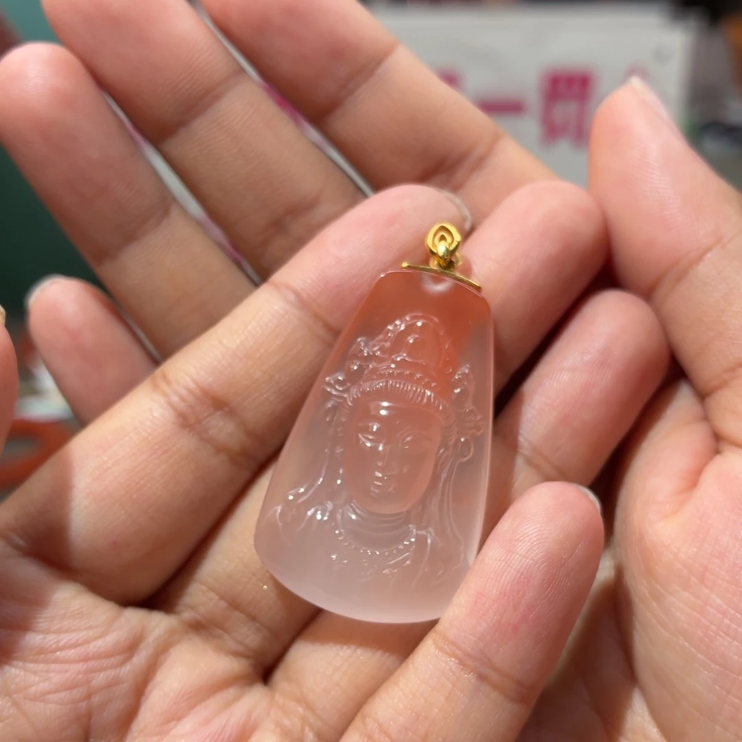 南红玛瑙原矿南红杨柳冰飘菩萨吊坠18K金镶嵌