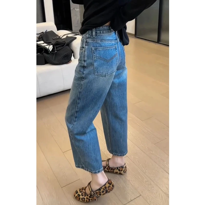 蓝色高腰显瘦软牛仔裤女夏季新款胖mm梨形身材直筒大码阔腿九分裤