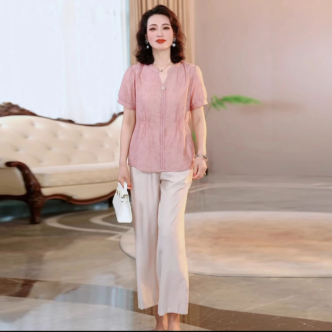 中年妈妈夏装t恤套装2025新款减龄宽松大码洋气小衫遮肚上衣40岁