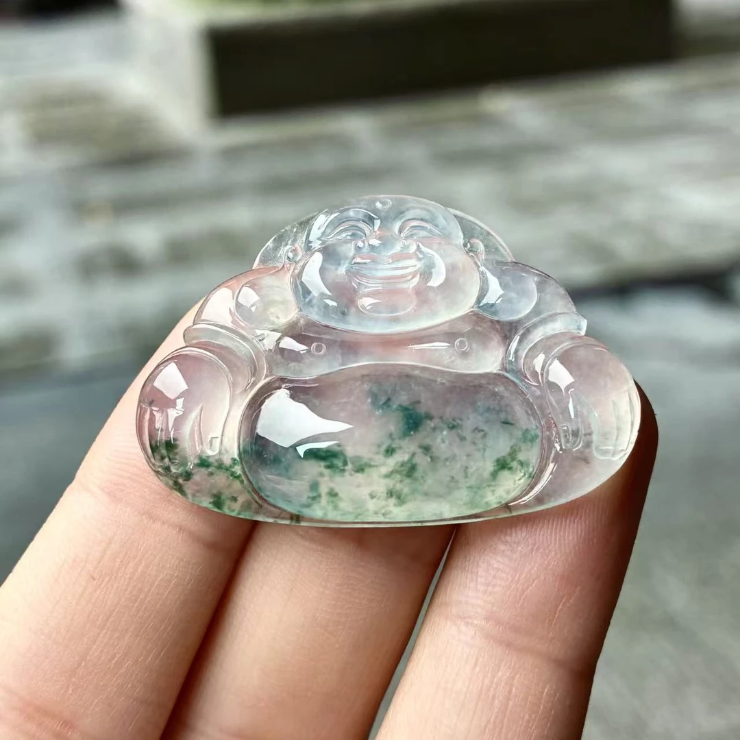 天然a货缅甸翡翠自然光尺寸26.2/38.3/6.1高冰飘蓝花佛公吊坠