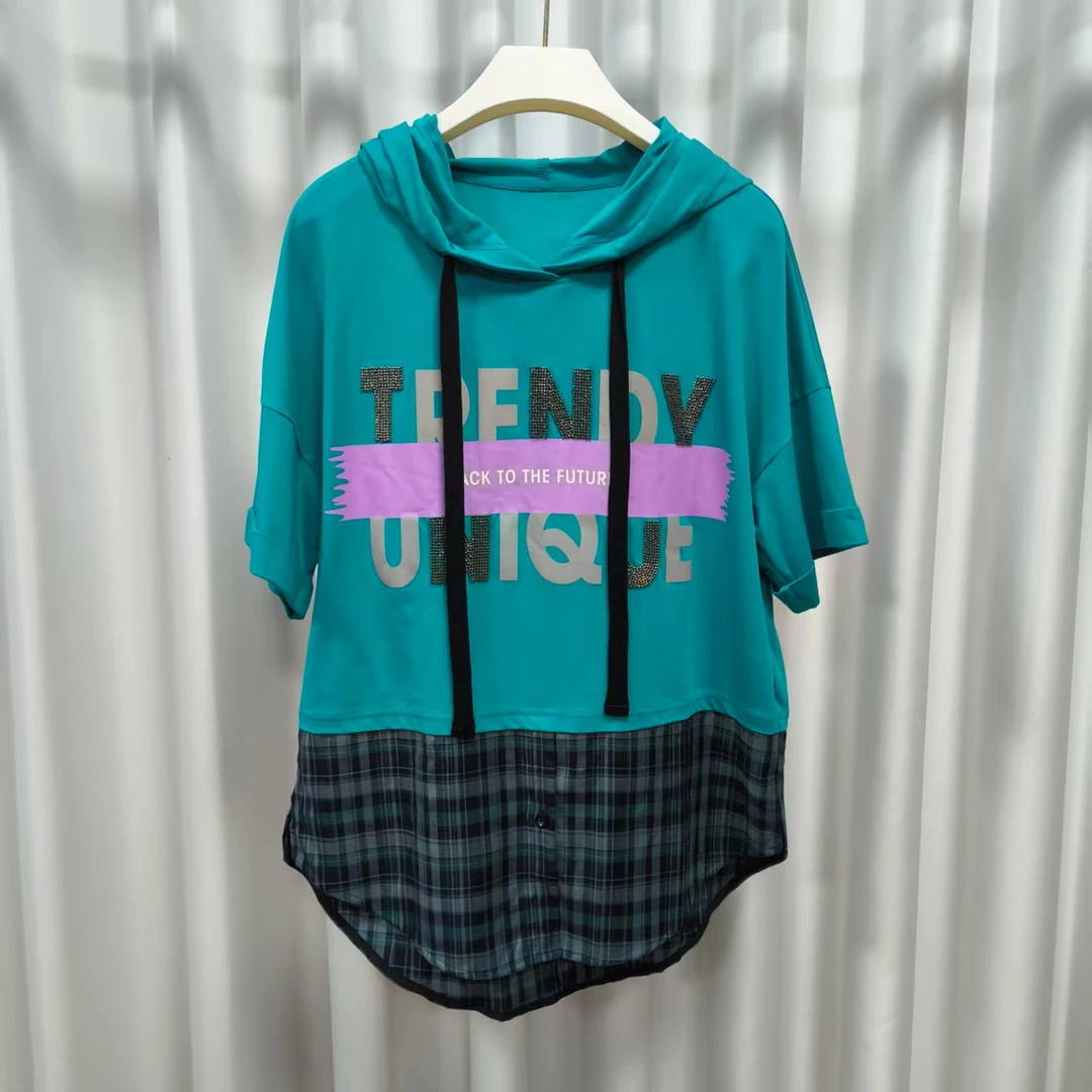 Z179   女装时尚休闲夏季短袖连帽T恤衫蓝色