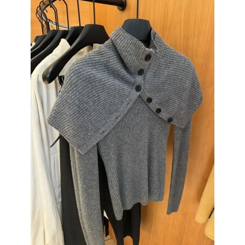 小众设计感灰色高领针织衫女装2025秋季减龄时尚洋气修身打底上衣