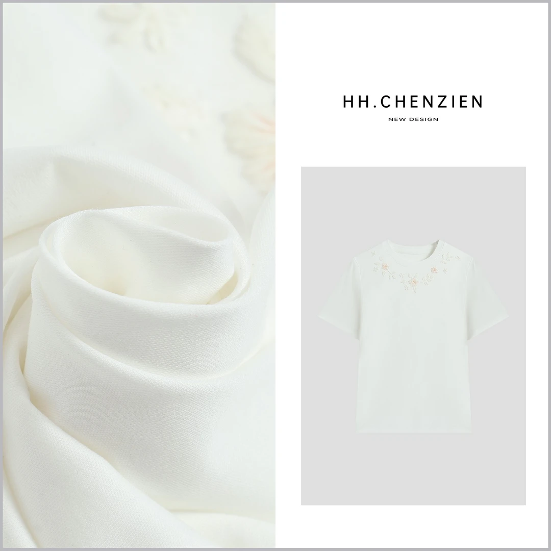 【黑黑家】夏季新款圆领重工刺绣花朵设计百搭T恤上衣