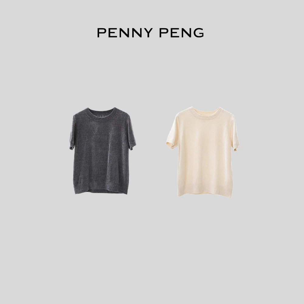 PENNYPENG温柔恋人春游出行简约舒适百搭两色桑蚕丝圆领针织短袖