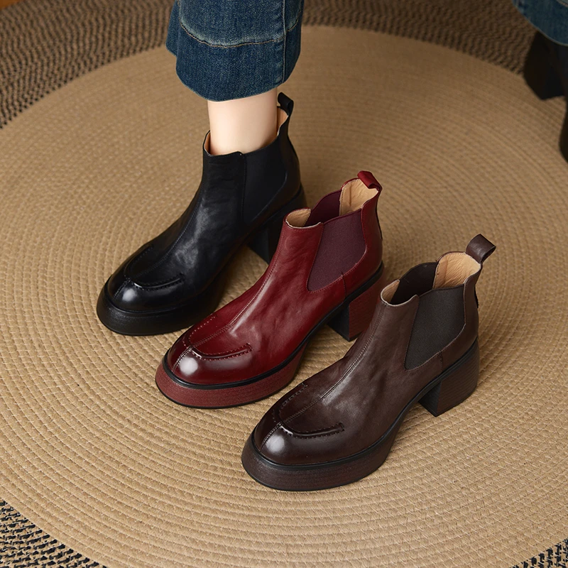 牛皮/7CM秋冬新款小个子复古厚底时尚增高圆头高跟粗跟靴