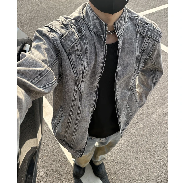 美式复古做旧重工水洗牛仔外套bf帅气设计感街头机车夹克男上衣