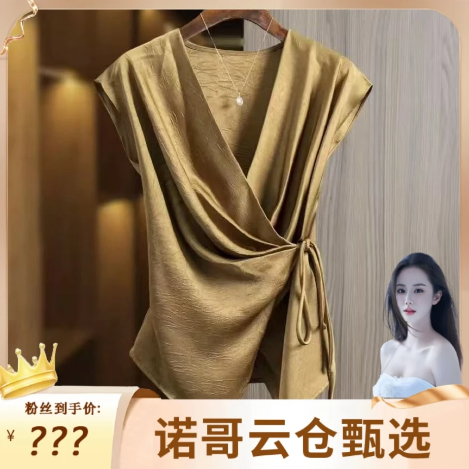 2025夏季新款无袖衬衫女轻奢时尚高级感宽松百搭丝滑缎面衬衣7958
