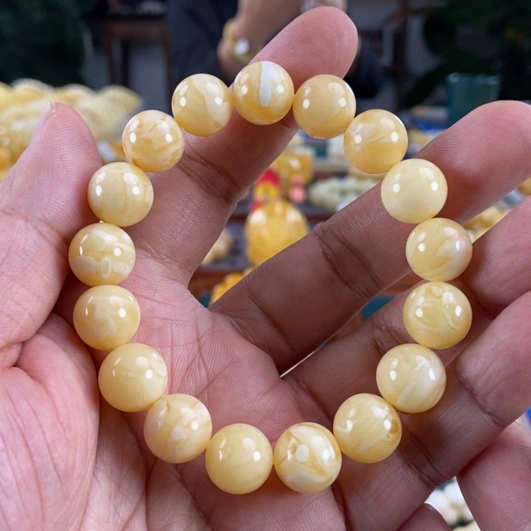 琥珀未镶嵌珠宝奇石12白花蜡手串19.55