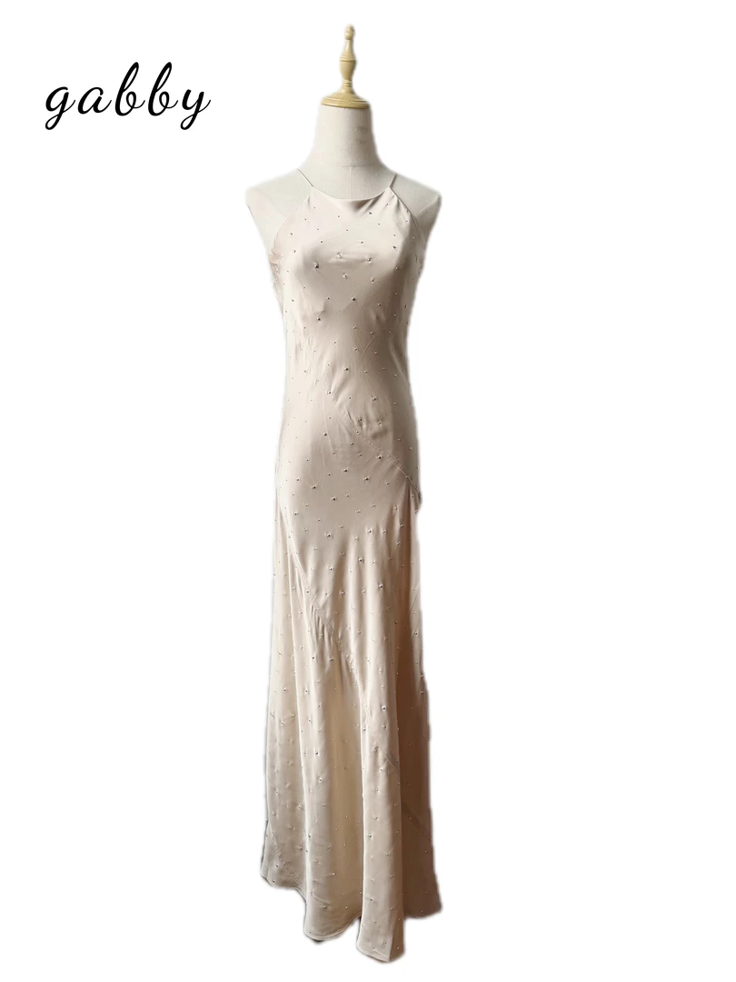 YL0147烫钻连衣裙显瘦气质夏季黑色法式长款印花无袖