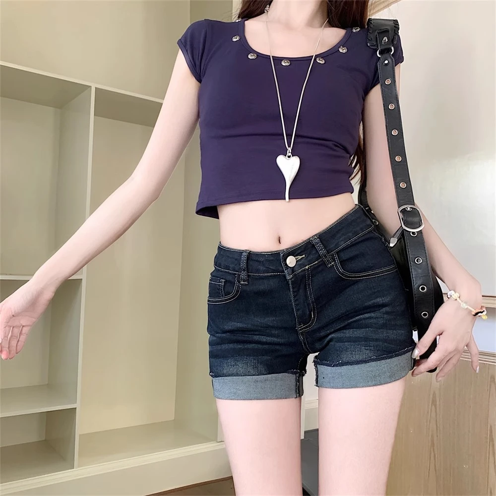 【复古卷边牛仔短裤】美式高街设计感低腰夏日外穿深蓝色牛仔短裤