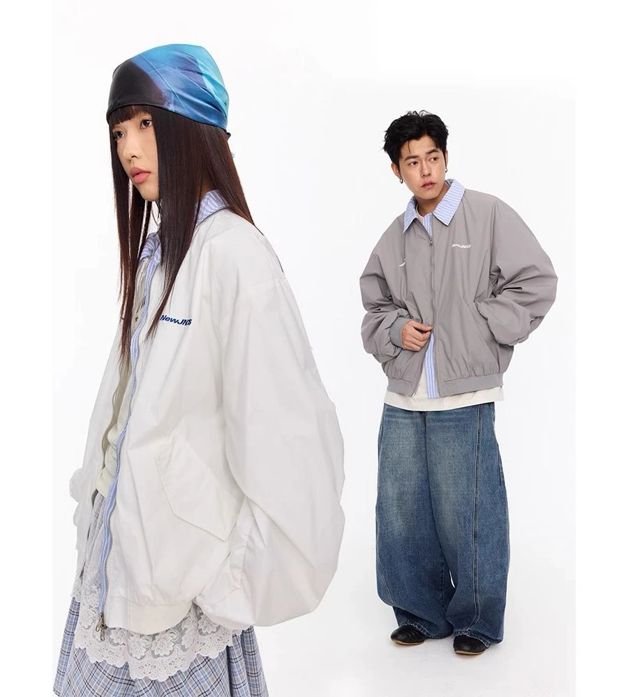 美式复古刺绣图案假两件翻领棒球服早秋男女装宽松休闲夹克外套潮