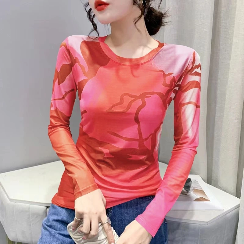 【蝶恋花专属】欧货春装新款修身时尚印定位花圆领长袖T恤女潮