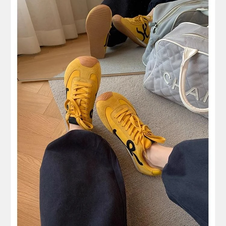 黄色德训鞋女复古内增高大头透气平底运动休闲板鞋阿甘鞋子35-43