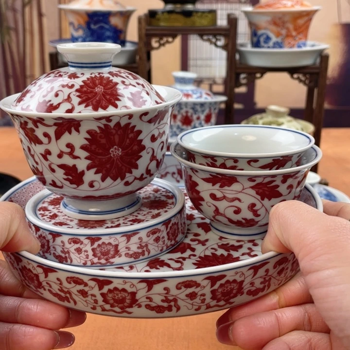 摆件陶釉里红缠枝莲五件套