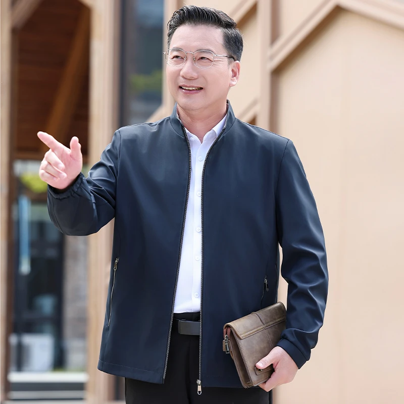 中年男士立领秋季商务休闲夹克高档薄款百搭春秋季爸爸外套50多岁