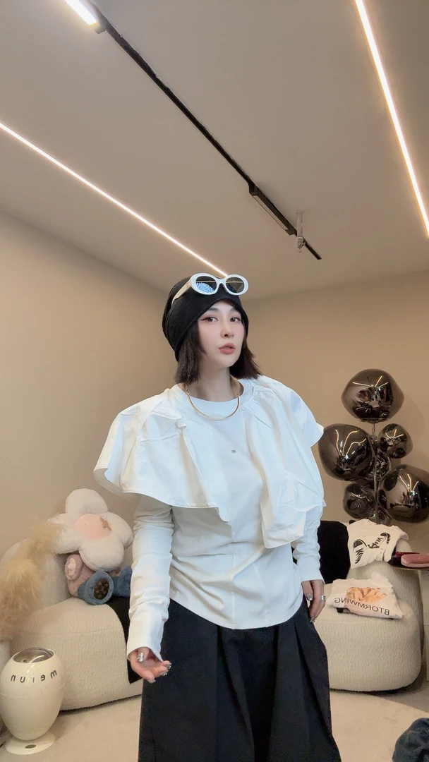 2025早秋新款1663时尚百搭舒适透气不规则披肩式纯欲风长袖T恤