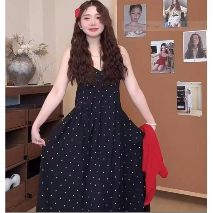 法式黑点点花吊带连衣裙夏季2025小众纯欲风气质显瘦长裙