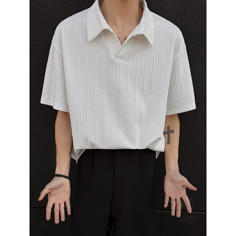 PLQV夏季2025港风polo衫休闲麦穗纹短袖字母半袖百搭宽松情侣简约