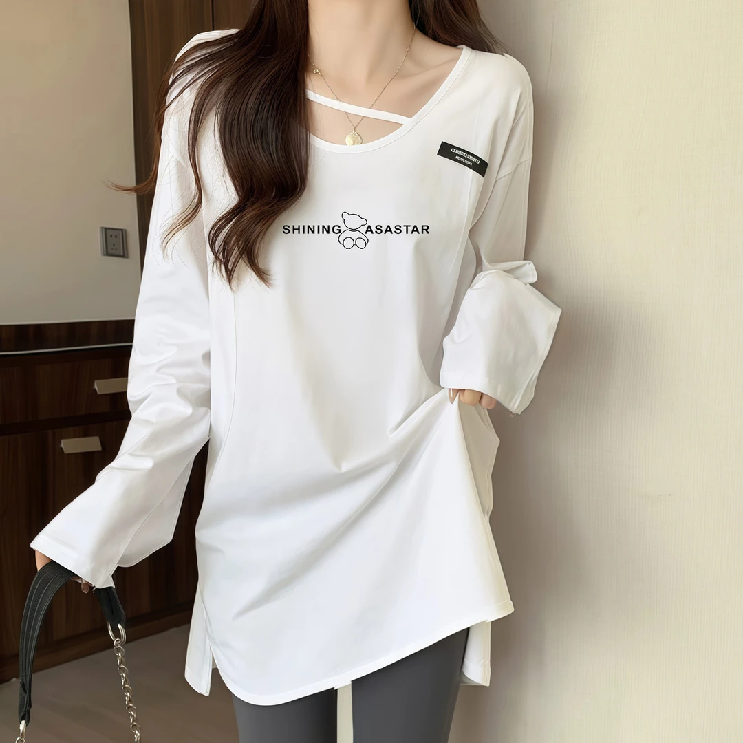 设计感白色V领打底衫女中长款秋衣遮屁股内搭长袖T恤宽松开叉上衣
