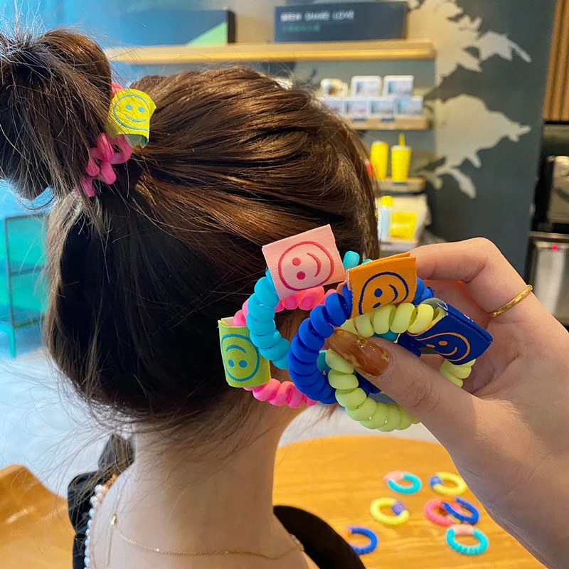 韩国笑脸电话线发圈韩版橡皮筋发绳可爱新款夏季彩色发绳女头饰