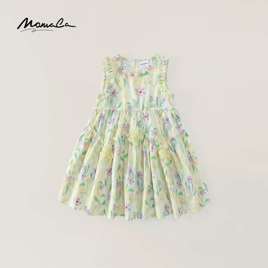 MOMOCO女童2025新款夏季碎花无袖洋气绿色碎花裙77630470377