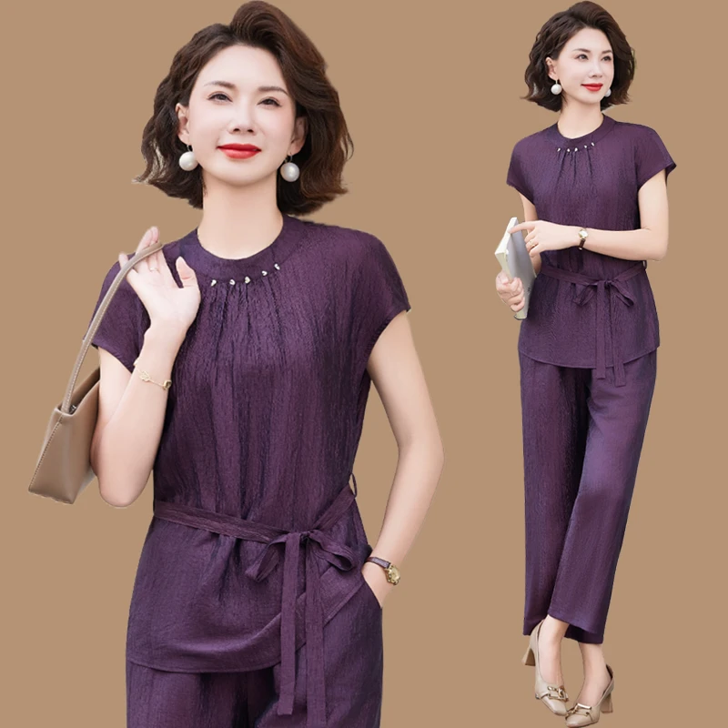 妈妈夏季时尚女装连立领落肩袖系带小衫直筒裤气质两件套