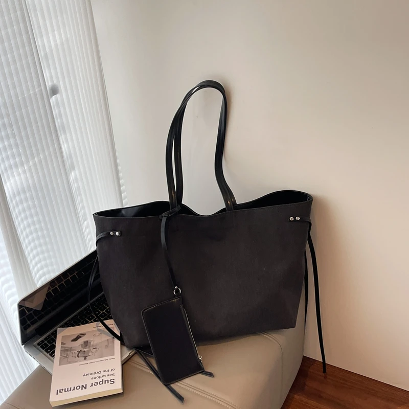 高智淡人复古朋克休闲纯色日系帆布托特包单肩包韩版大容量通勤包