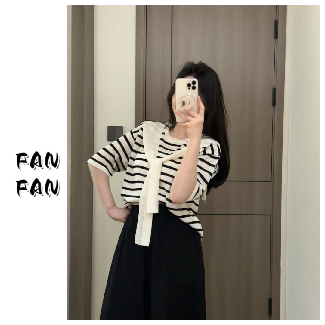 FANFAN  【经典款●披肩】条纹设计 五分袖套头T恤
