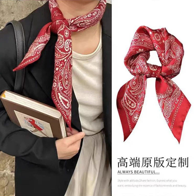 红色腰果花丝巾70仿真丝小方巾女复古文艺夏丝巾系脖围脖围巾批发