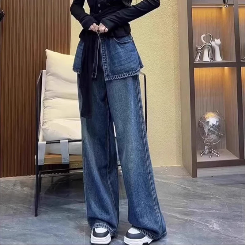 假两件牛仔裤女秋季新款大码裤子胖mm梨形身材高腰宽松显瘦阔腿裤