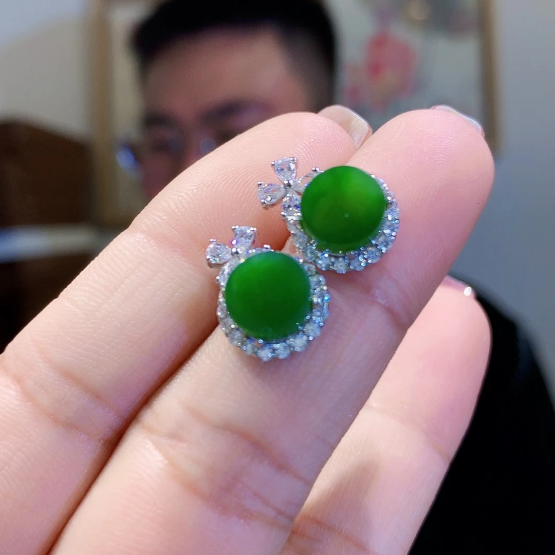 和田玉（碧玉）耳饰银S925镀金镶嵌