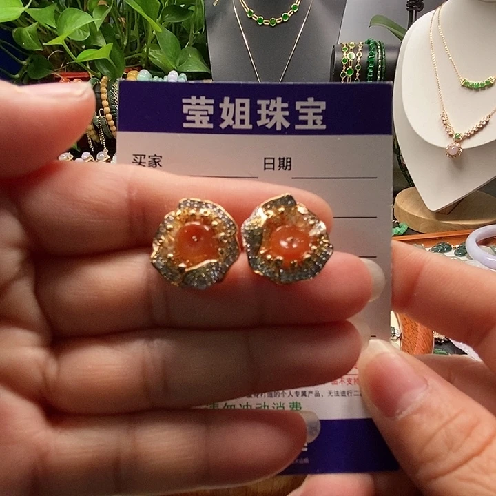 合金翡翠耳饰红翡耳钉