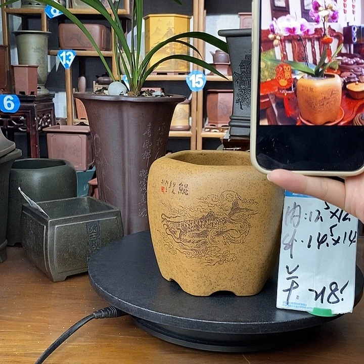紫砂花盆还原烧六方精刻鲲