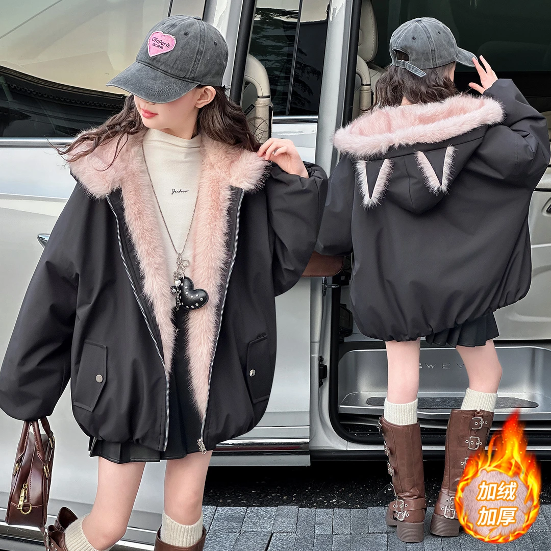 女童秋冬两面穿派克服外套2025新款儿童大童女孩冬季仿皮草毛毛衣