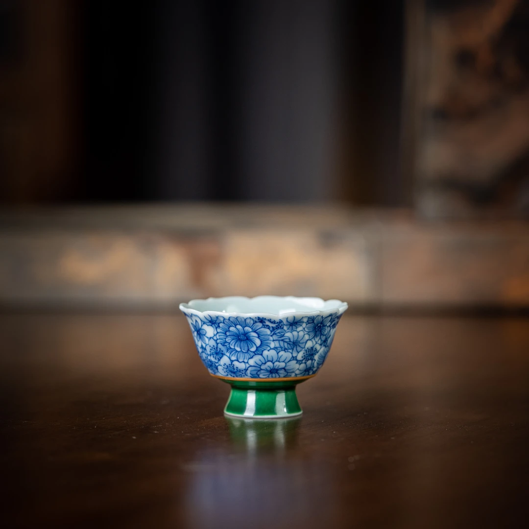 【瓷唐里】小高足描金青花万花 花口杯30cc 瓷器家用茶具