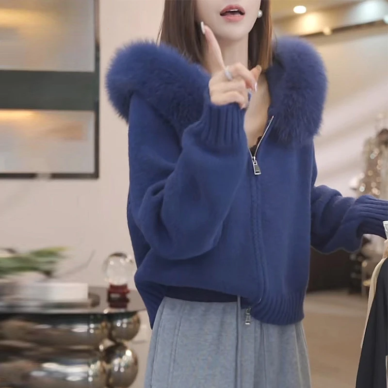 洋气网红炸街女款轻奢高级感毛领针织外套秋冬百搭加厚帽衫上衣服